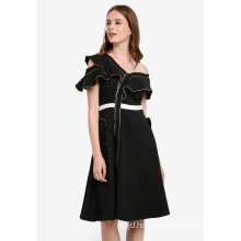 Asymmetric Neckline Dress One-Shoulder Dress with Metallic Piping